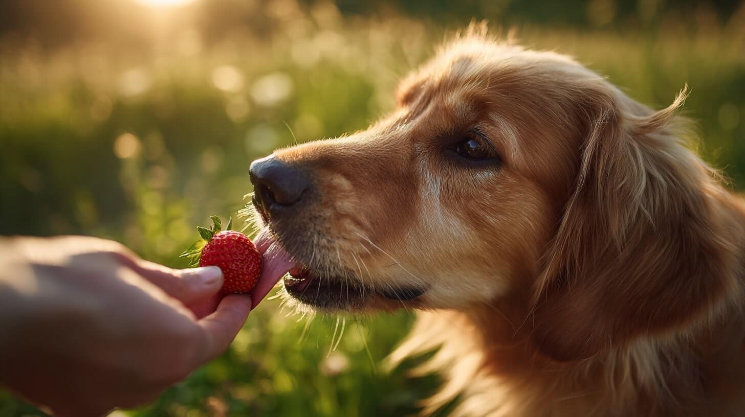 A golden retriever licking a fresh strawberry from a human hand. Can Dogs Eat Strawberries?