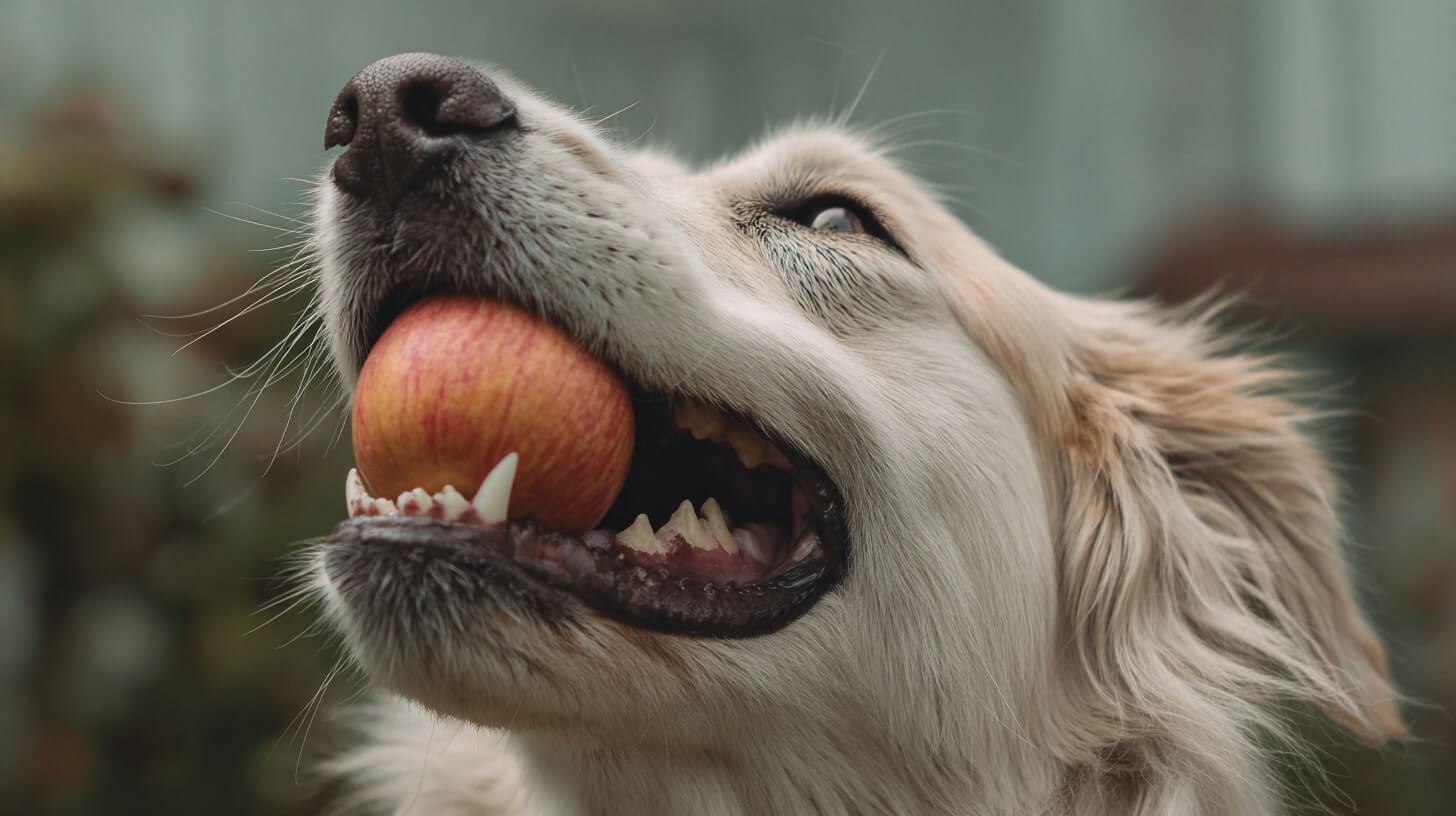 Dog carrying an apple