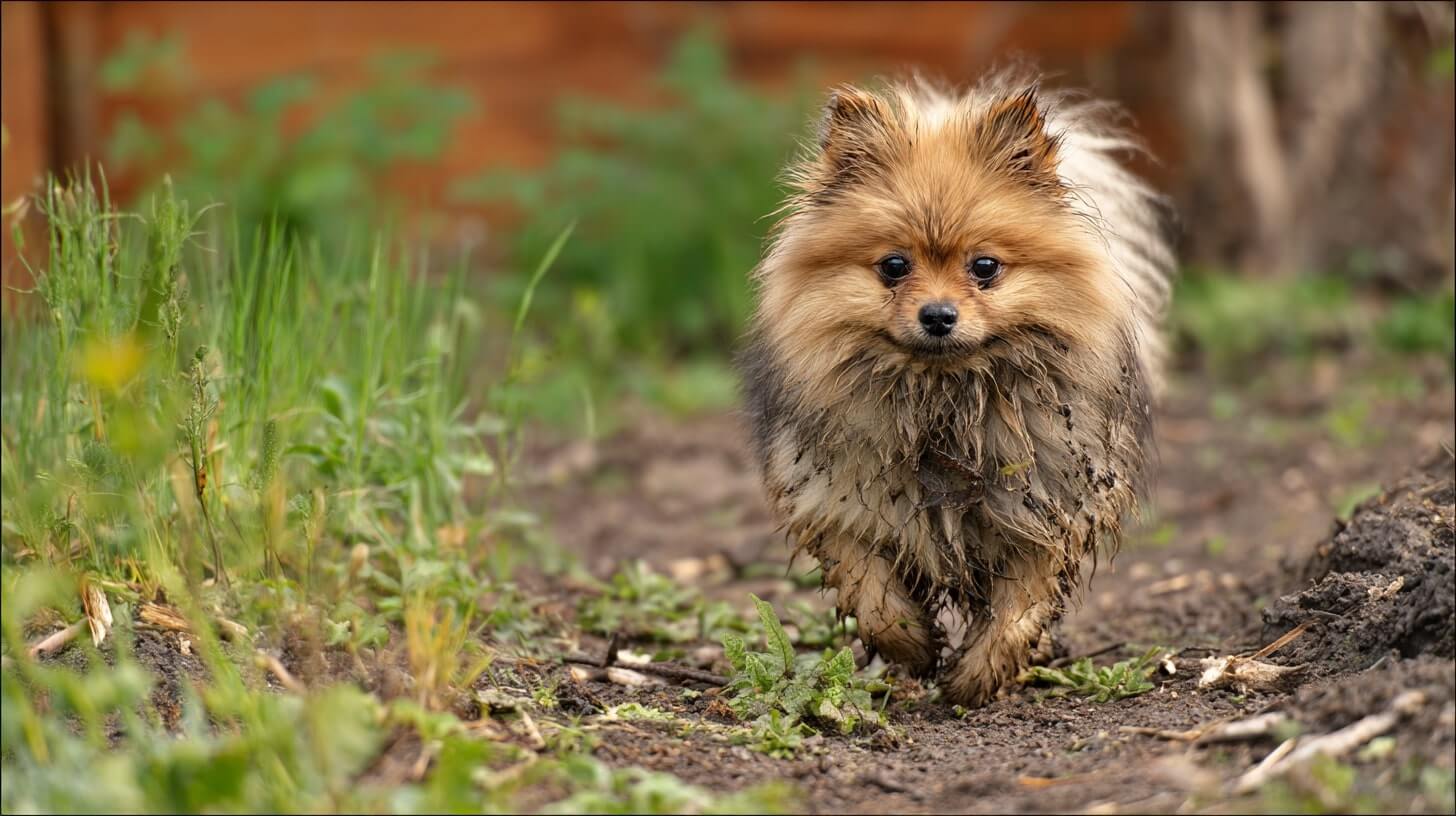 A muddy pomeranian walking