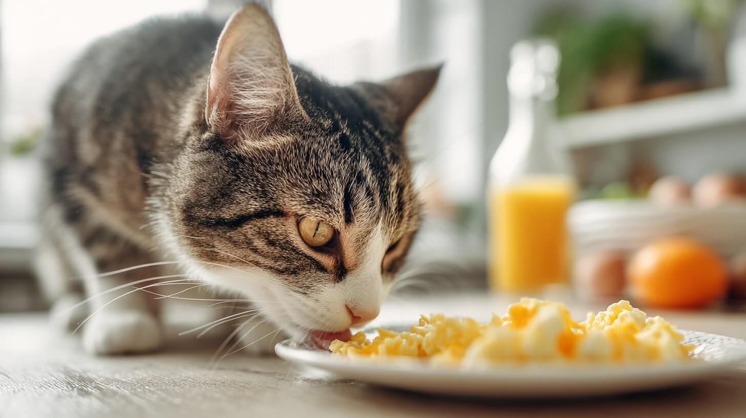 The cat is eating scramble eggs on a plate.